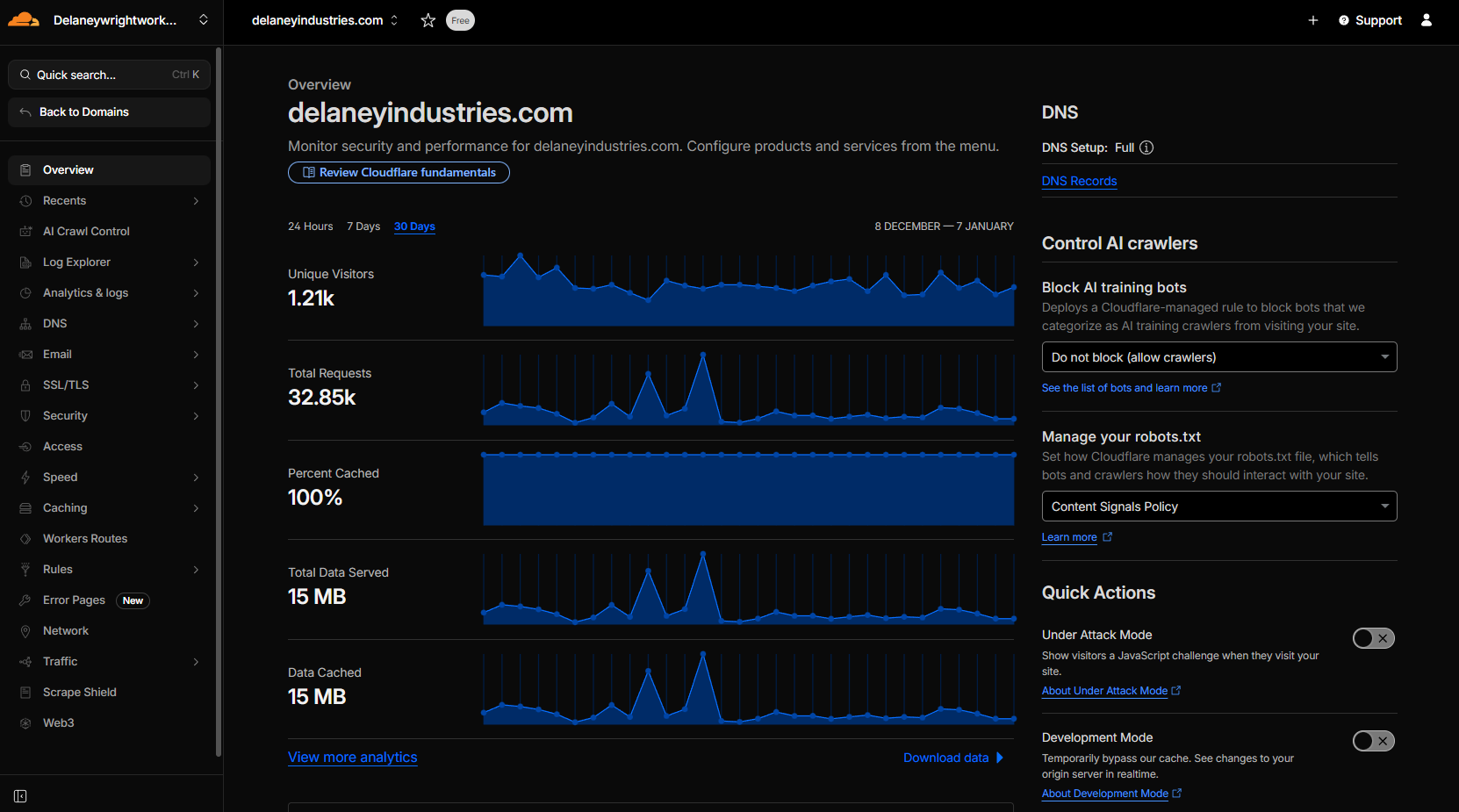 Cloudflare DNS Dashboard showing performance and security analytics